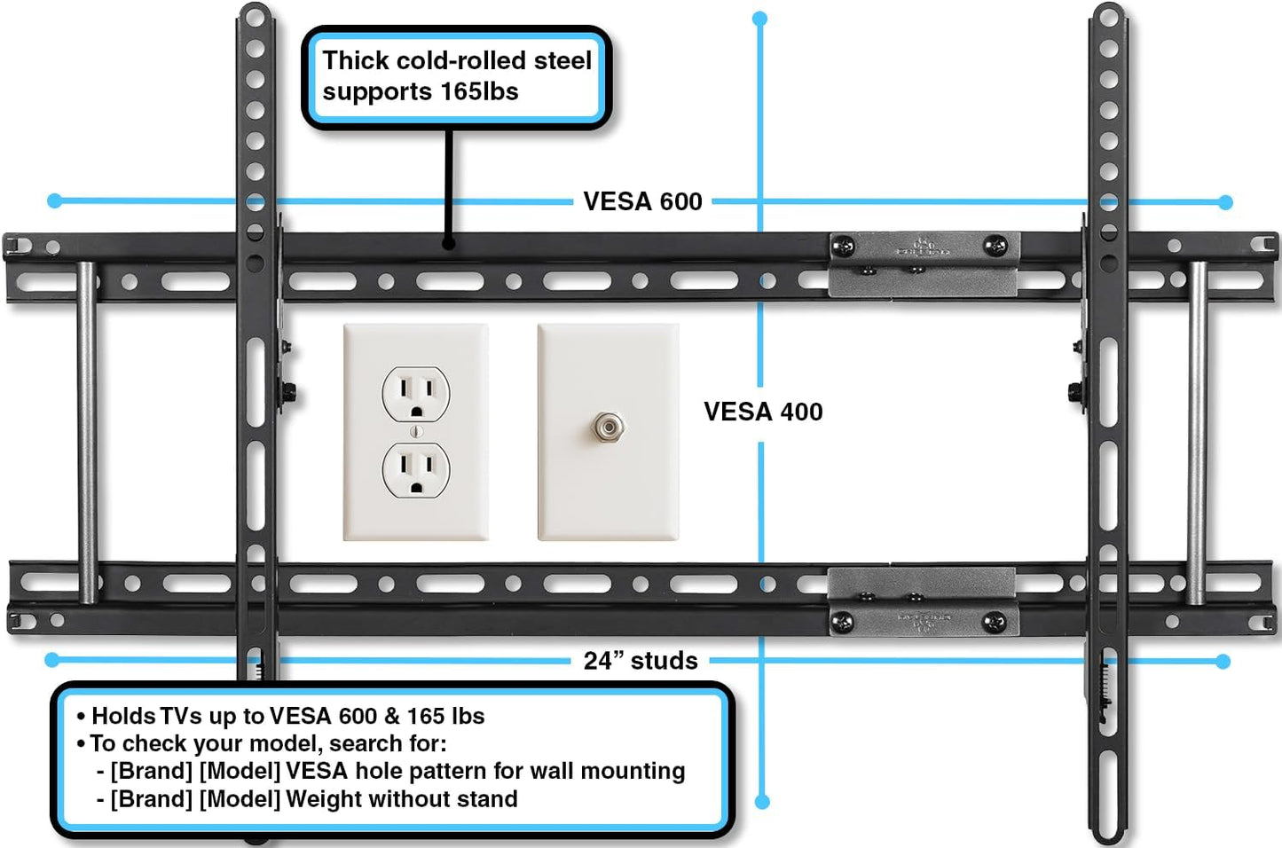 APTMM2B TV Wall Mount for 20-80" Tvs (Some up to 90”) up to VESA 600 and 165Lbs, and Fits 16” and 24” Wall Studs, and Includes a Tilt TV Bracket, a 10' Twisted Veins HDMI Cable and a 6" 3-Axis