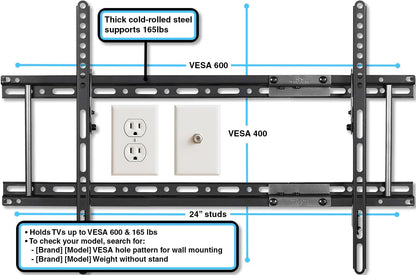APTMM2B TV Wall Mount for 20-80" Tvs (Some up to 90”) up to VESA 600 and 165Lbs, and Fits 16” and 24” Wall Studs, and Includes a Tilt TV Bracket, a 10' Twisted Veins HDMI Cable and a 6" 3-Axis