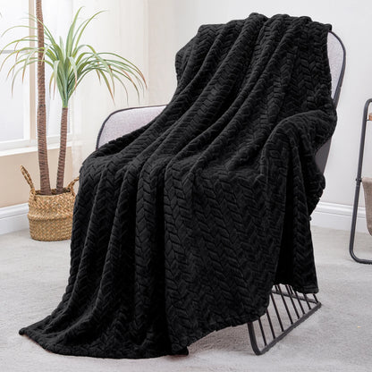 Large Flannel Fleece Throw Blanket, Jacquard Weave Leaves Pattern (50" X 70", Black)