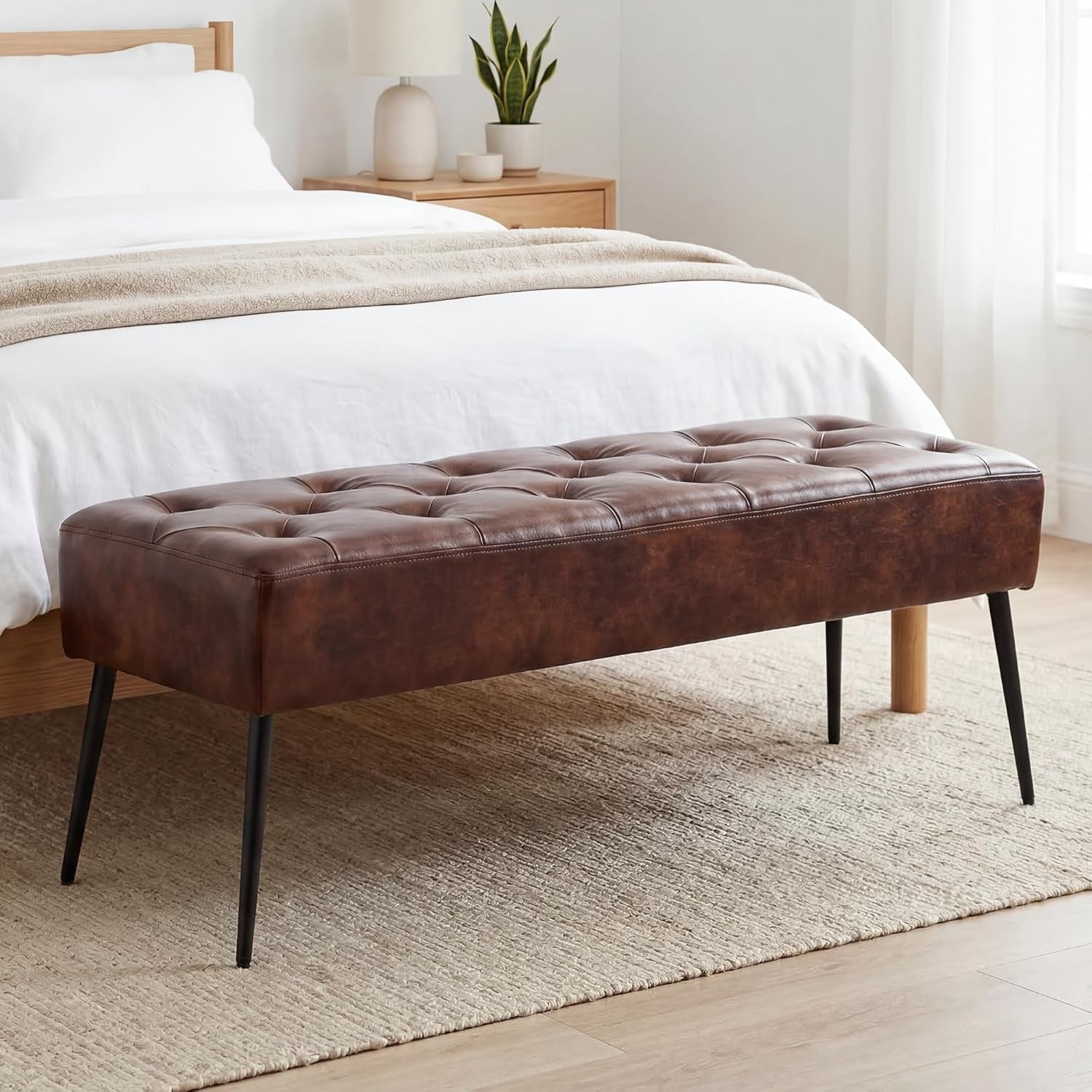 Button-Tufted Ottoman Bench, Upholstered Bedroom Benches Footrest Stool Dining Bench Leather Accent Bench for Entryway Dining Room Living Room Bedroom End of Bed, Dark Brown