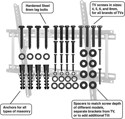 APTMM2B TV Wall Mount for 20-80" Tvs (Some up to 90”) up to VESA 600 and 165Lbs, and Fits 16” and 24” Wall Studs, and Includes a Tilt TV Bracket, a 10' Twisted Veins HDMI Cable and a 6" 3-Axis