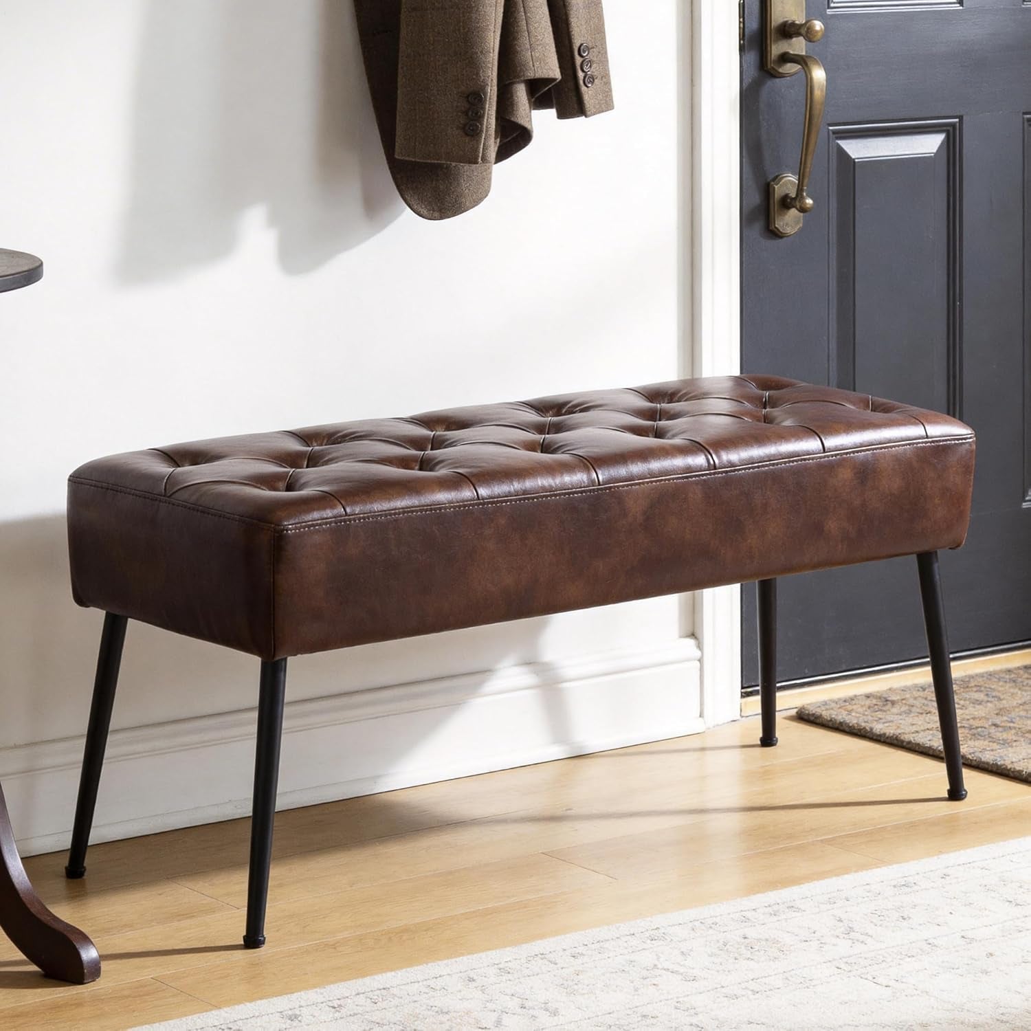 Button-Tufted Ottoman Bench, Upholstered Bedroom Benches Footrest Stool Dining Bench Leather Accent Bench for Entryway Dining Room Living Room Bedroom End of Bed, Dark Brown