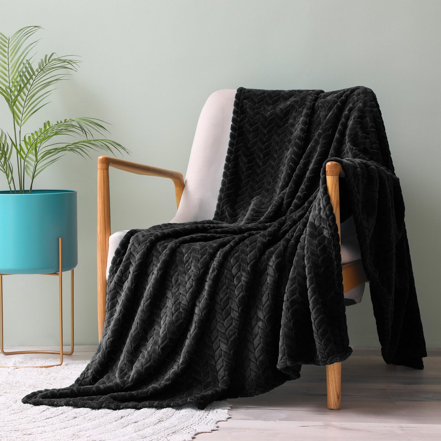 Large Flannel Fleece Throw Blanket, Jacquard Weave Leaves Pattern (50" X 70", Black)