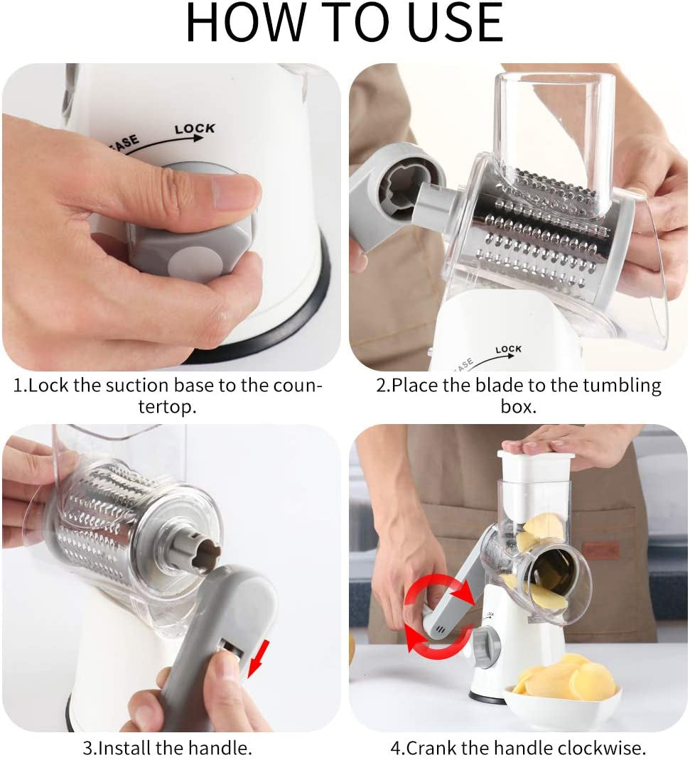 Rotary Cheese Grater Hand Crank Cheese Shredder for Fresh Cheese, Vegetable, Nuts,Non-Slip Suction Base, Free Cleaning Brush Three Blades, White