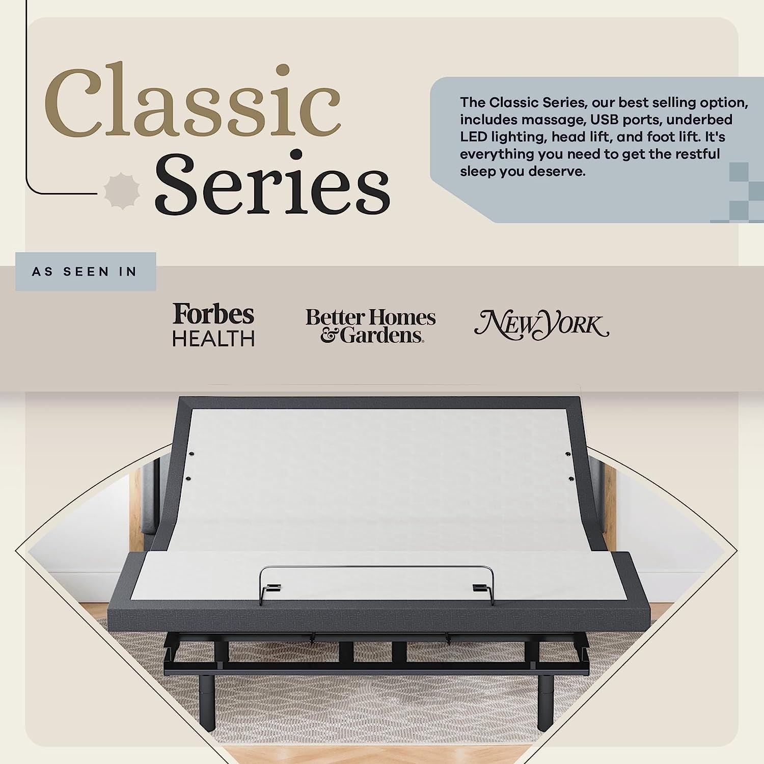 Classic Adjustable Bed Base, Head and Foot Lift, Massage, Under-Bed Lights, USB, Memory, Zero Gravity Smart Frame - King