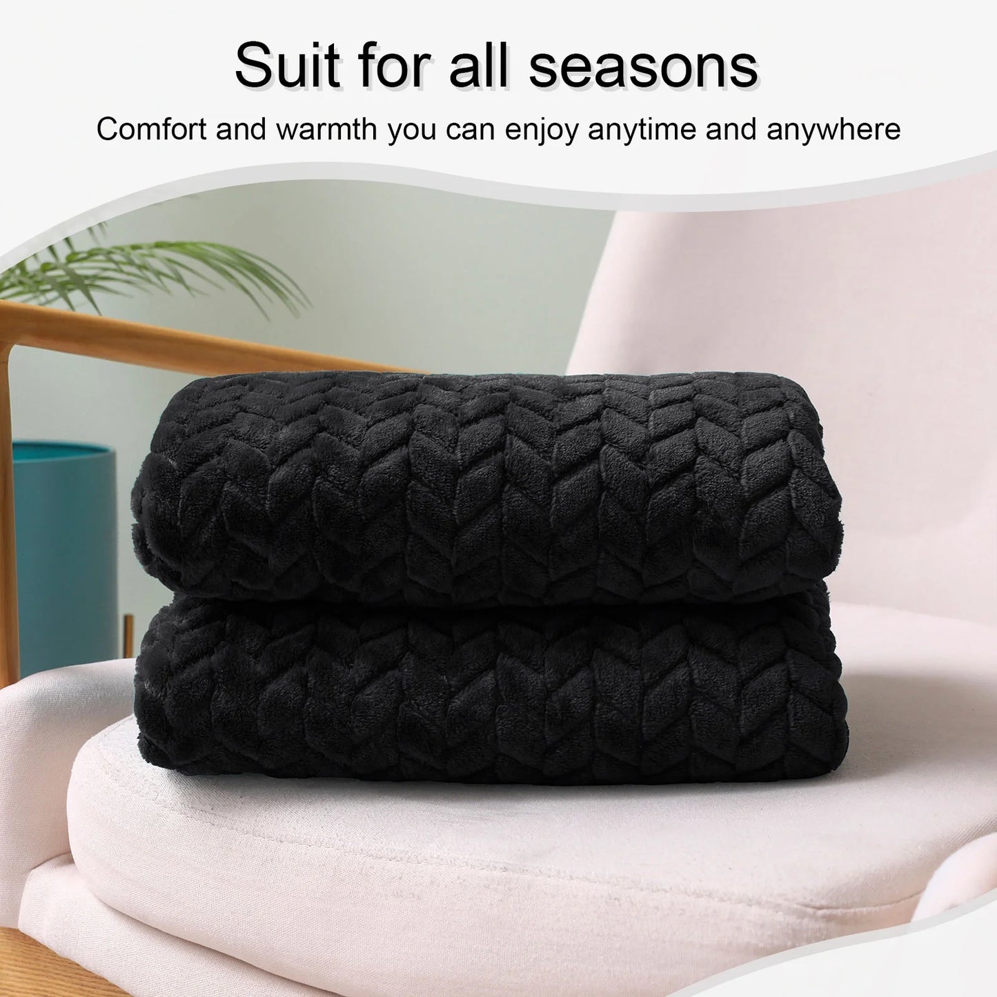 Large Flannel Fleece Throw Blanket, Jacquard Weave Leaves Pattern (50" X 70", Black)