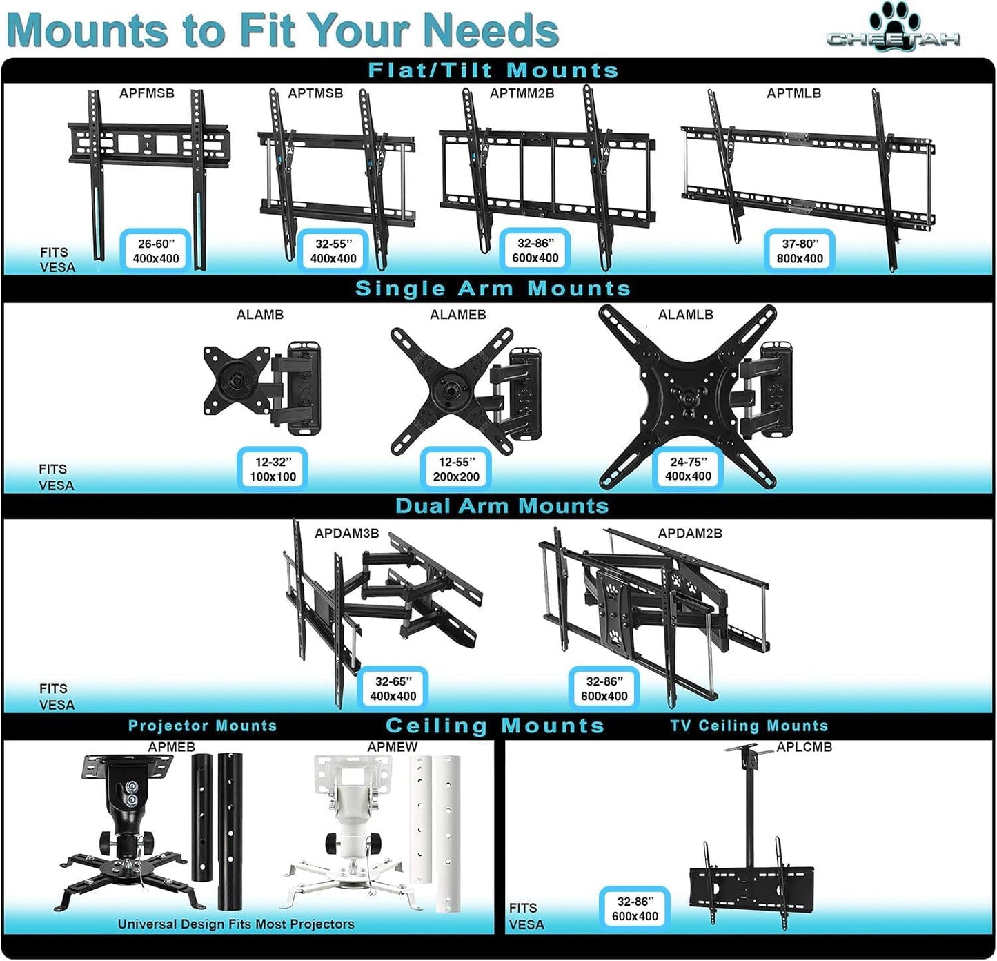 APTMM2B TV Wall Mount for 20-80" Tvs (Some up to 90”) up to VESA 600 and 165Lbs, and Fits 16” and 24” Wall Studs, and Includes a Tilt TV Bracket, a 10' Twisted Veins HDMI Cable and a 6" 3-Axis