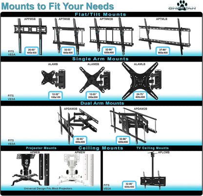 APTMM2B TV Wall Mount for 20-80" Tvs (Some up to 90”) up to VESA 600 and 165Lbs, and Fits 16” and 24” Wall Studs, and Includes a Tilt TV Bracket, a 10' Twisted Veins HDMI Cable and a 6" 3-Axis
