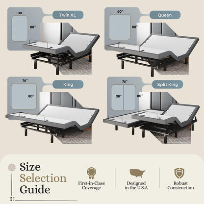 Classic Adjustable Bed Base, Head and Foot Lift, Massage, Under-Bed Lights, USB, Memory, Zero Gravity Smart Frame - King